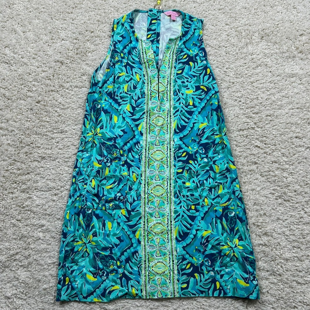 Lilly Pulitzer Kelby Stretch Shift Dress 10 Blue Tropical Sleeveless Pockets